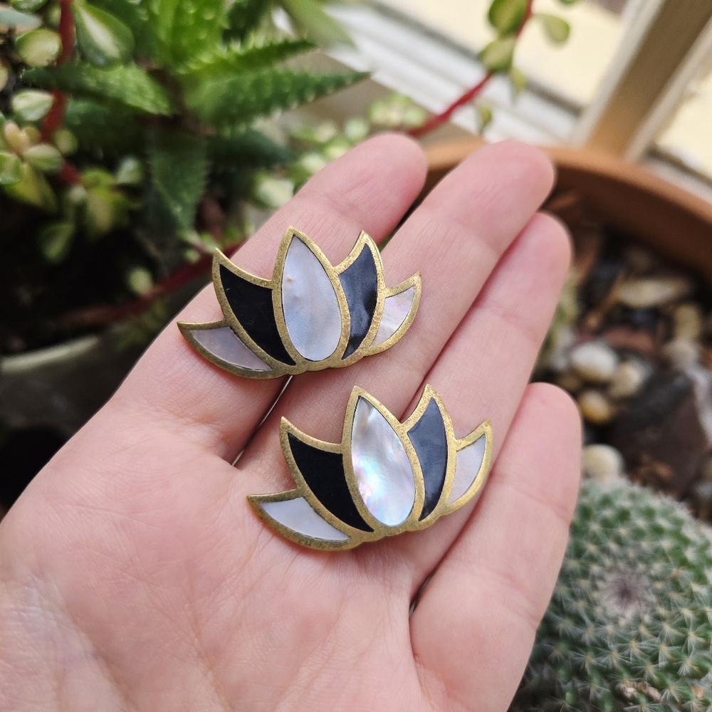Vintage Pair of Gold Mother of Pearl Mexican Oversized Lotus Flower Earrings
